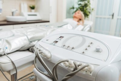 Girl on beauty couch and pressotherapy apparatus in clinic