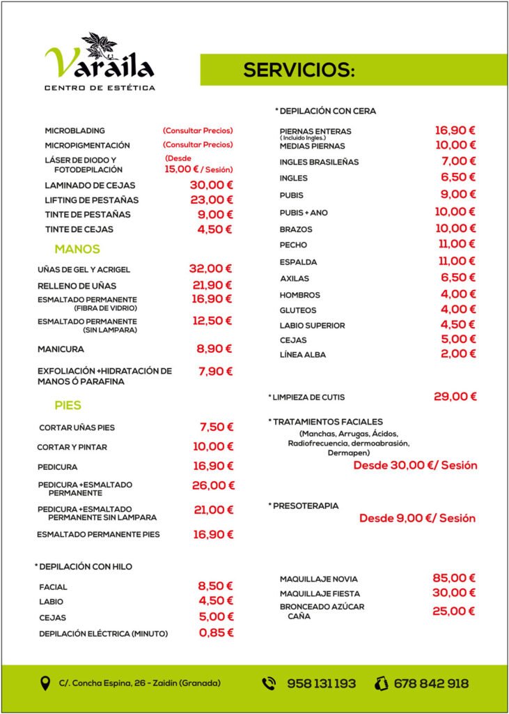 Tabla de precios